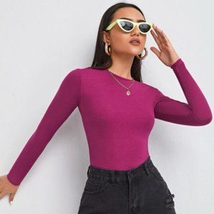 Pink Solid Form Fitted Long Sleeve Tee